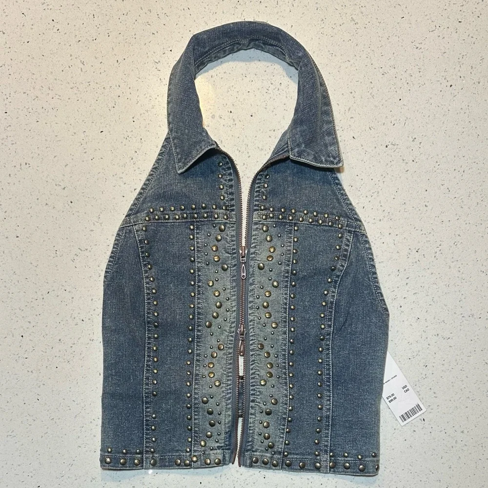 NWT studded open-back cropped denim vest top by Urban Outfitters / NEW - Picture 2 of 16